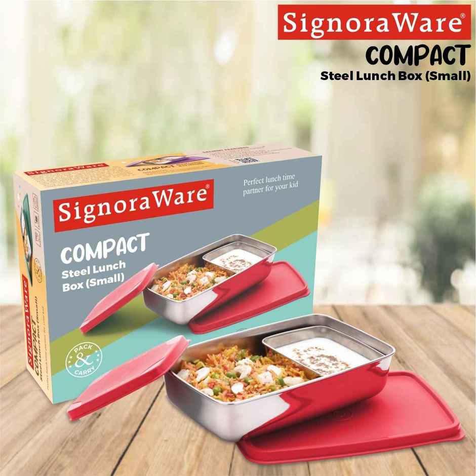 Signoraware Compact Steel Lunch Box (Small) Food Grade Stainless Steel Red