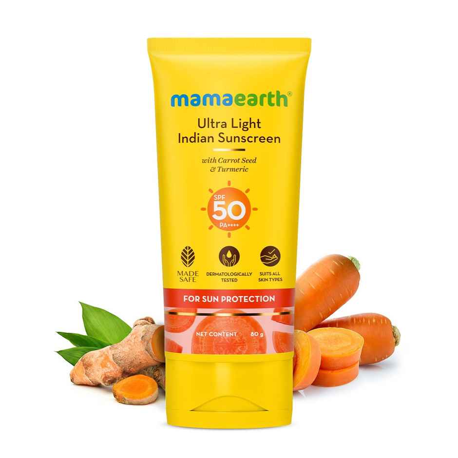 Mamaearth Ultra Light Indian Sunscreen SPF 50 PA++++ With Turmeric & Carrot Seed for Tan Protection