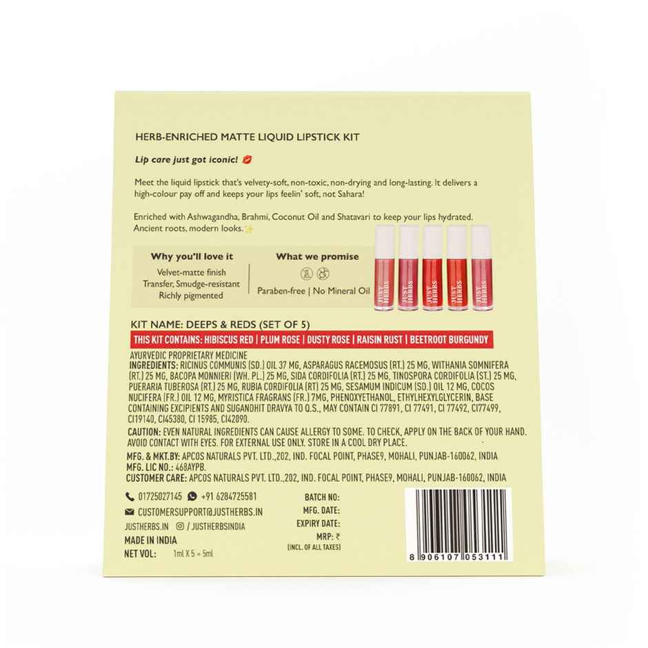 Just Herbs Enriched Liquid Lipstick Kit | Set Of 5 | Deeps And Red