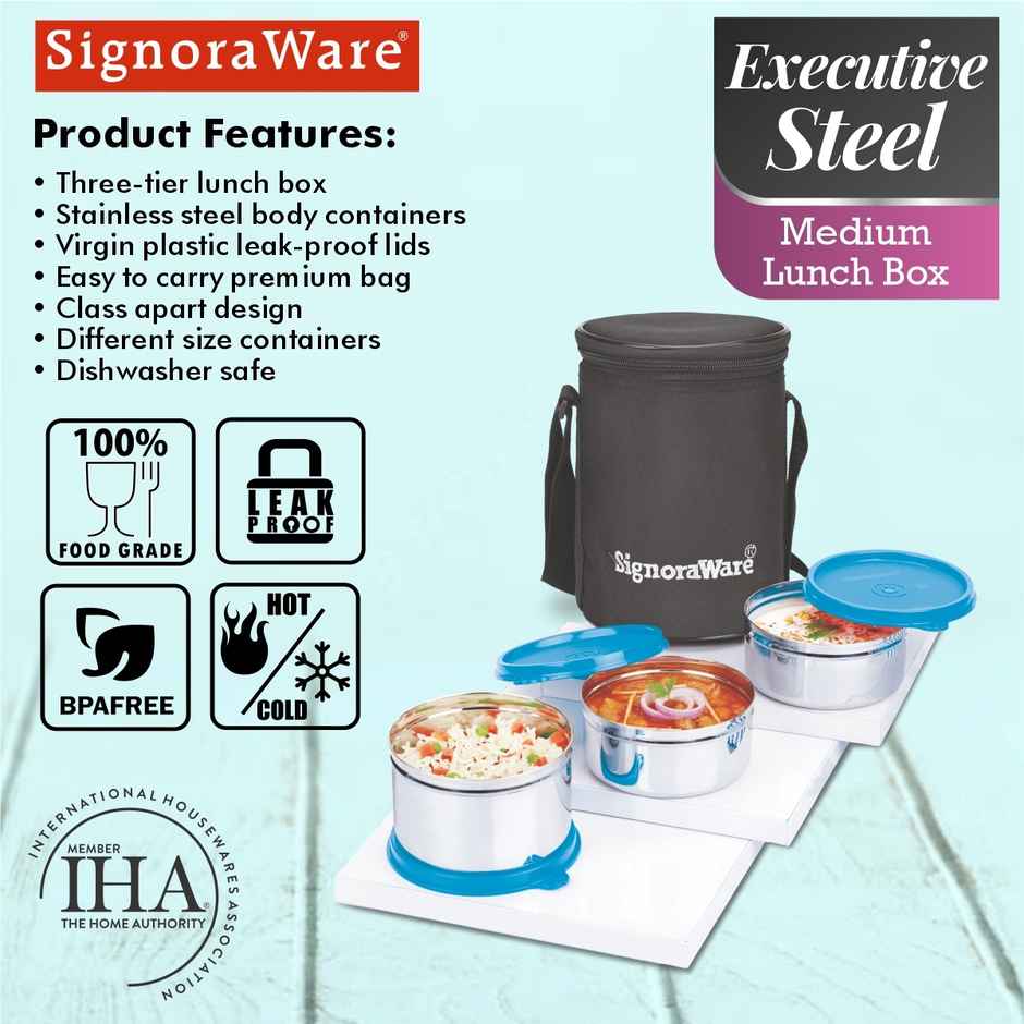 SignoraWare Executive Stainless Steel Lunch Box | set of 3 | |350ml + 350ml + 500ml | Blue