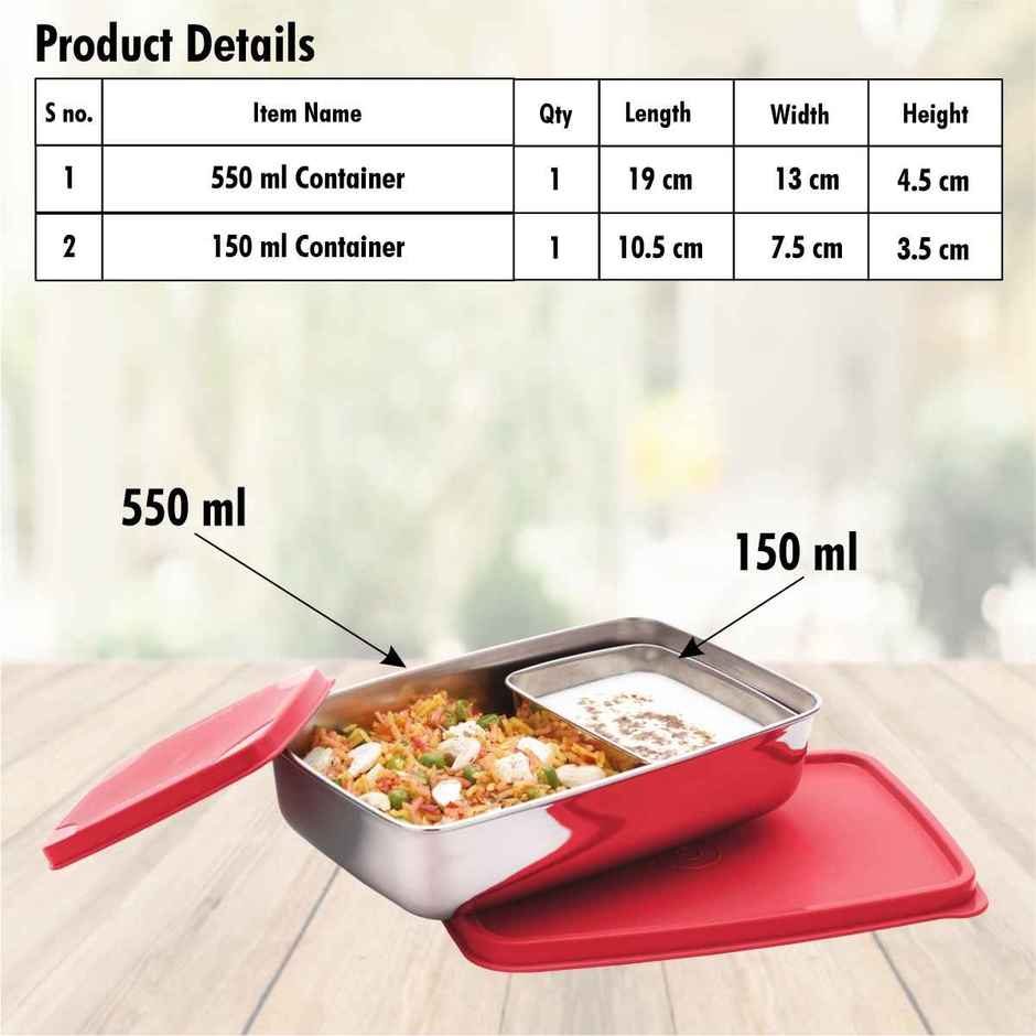 Signoraware Compact Steel Lunch Box (Small) Food Grade Stainless Steel Red