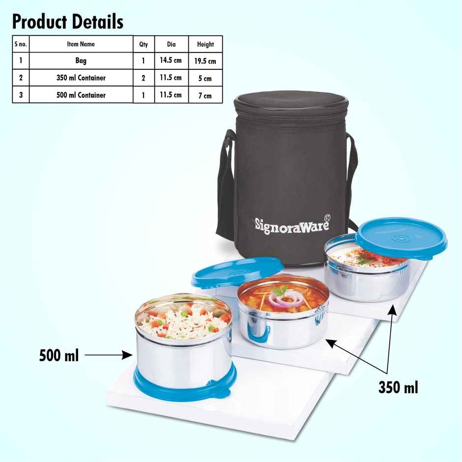 SignoraWare Executive Stainless Steel Lunch Box | set of 3 | |350ml + 350ml + 500ml | Blue