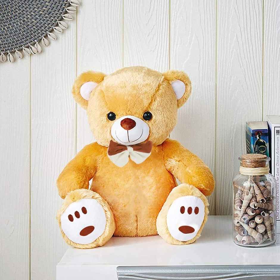 Webby Plush Cute Sitting Teddy Bear Soft Toys with Neck Bow and Foot Print, Brown 35 cm