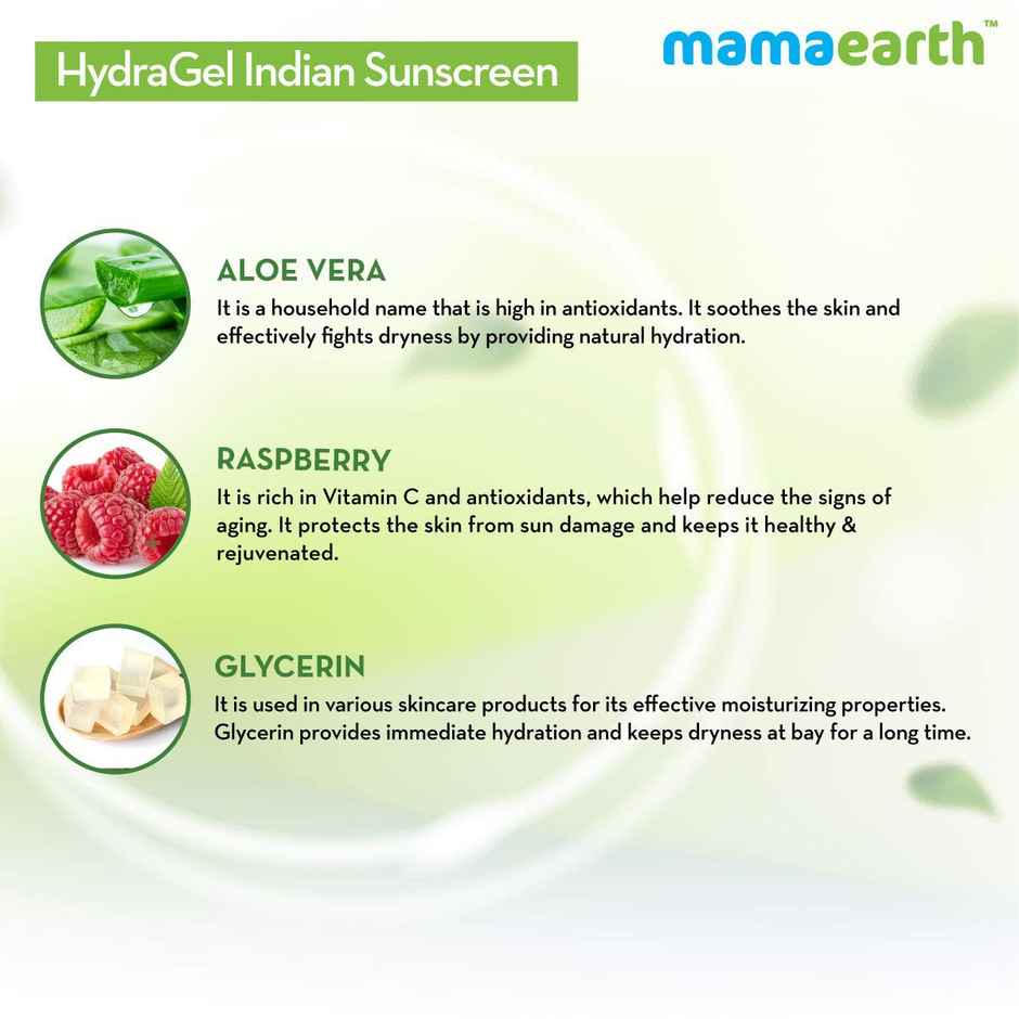 Mamaearth HydraGel Indian Sunscreen SPF 50, with Aloe Vera & Raspberry for Tan Protection