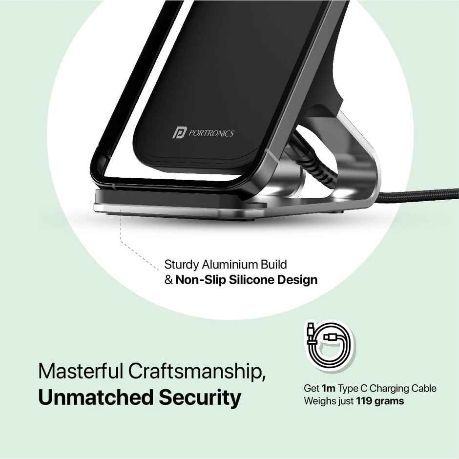 Portronics Freedom 15 Plus 15W Desktop Wireless Charger + Mobile Stand with Dual Coil(Silver & Black)
