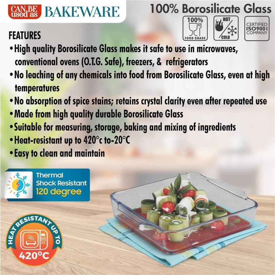 Signoraware Bake N Serve Square Dish | 500 ml | Clear | Glass Baking Dish, Oven Safe Dish