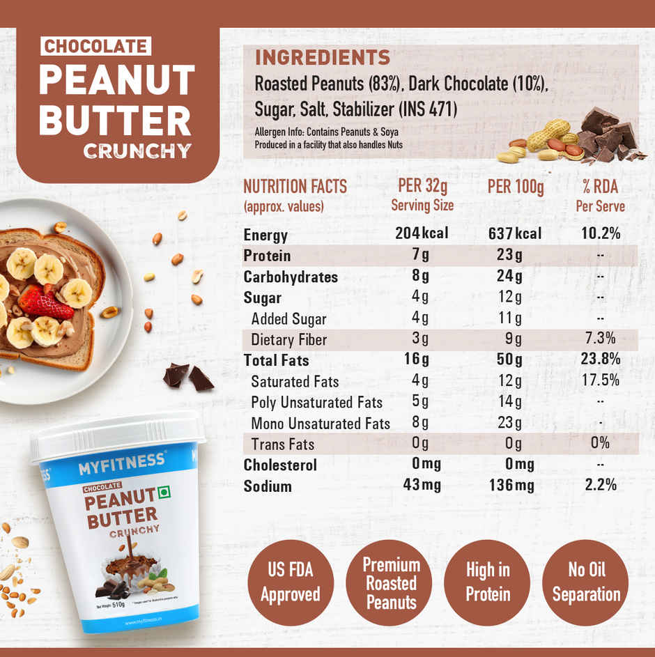 Myfitness Chocolate Peanut Butter Crunchy (510g) & Pro.Fitness Choco Peanut Butter Protein Bar (34g) Combo