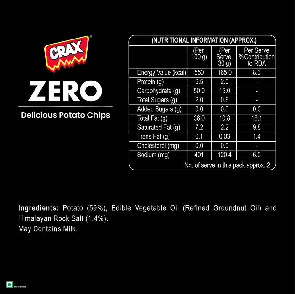 Crax Zero Classic Salted Potato Chips Snacks - No Palm Oil With Himalayan Rock Salt
