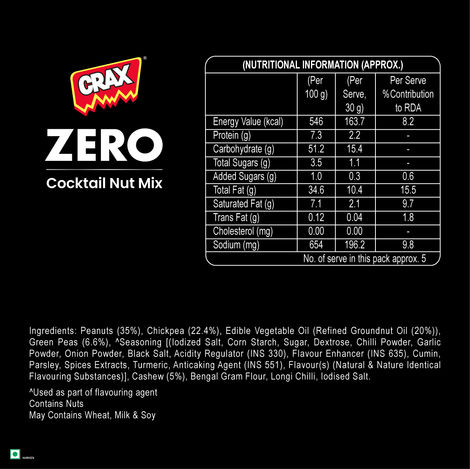 Crax Zero Cocktail Nut Mix Namkeen Snacks - No Palm Oil