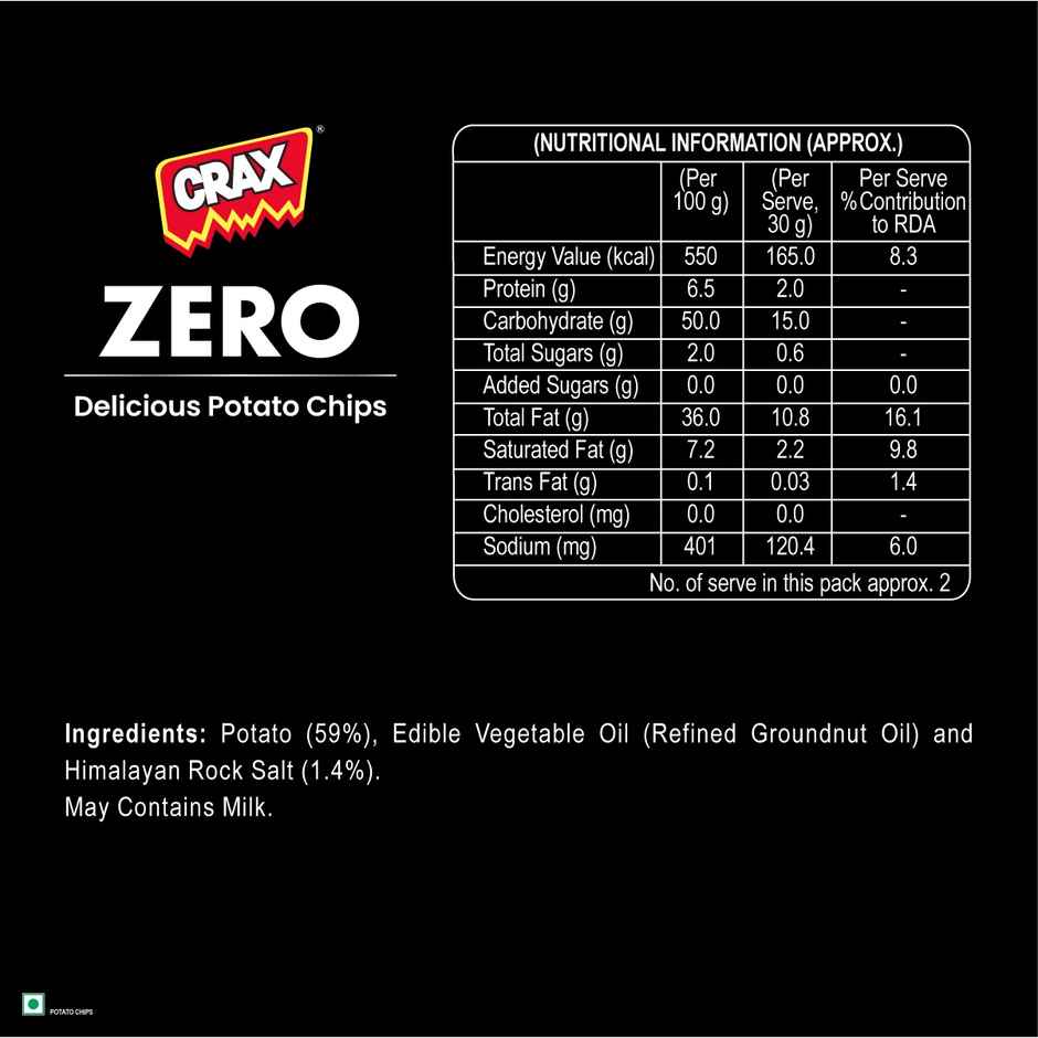 Crax Zero No Palm Oil Salted Potato Chips Snacks with Himalayan Rock Salt | Fasting Special