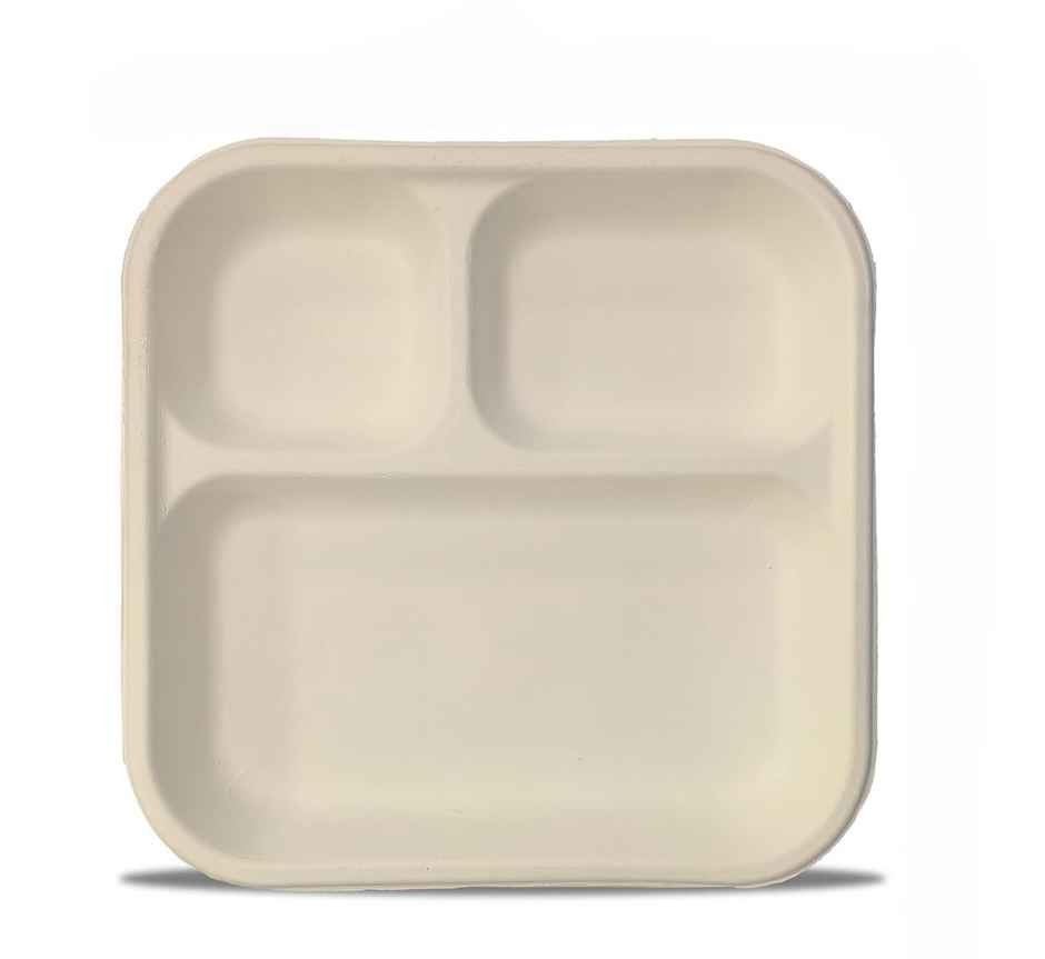 Sugarcane Fiber Pulp Plate | Round | 9 inch | 3 Compartment | Pack of 10 | Tempware