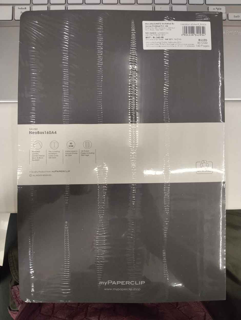 myPAPERCLIP - NeoBasic Notebook, Centre Thread Sewn Notebook - A4 - Ruled - Black Colour