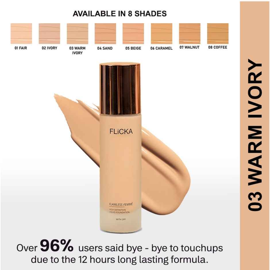 Flicka Flawless Femme HD Liquid Foundation for Face Makeup | 03 Warm Ivory