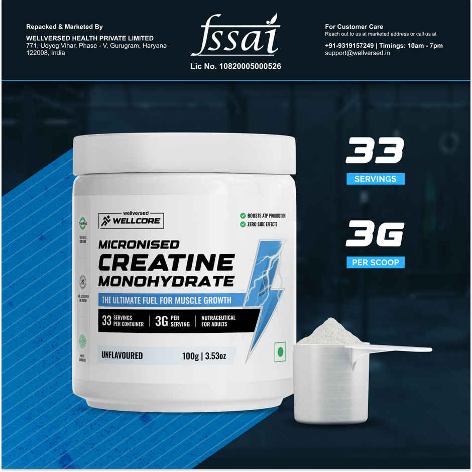 Wellcore - Micronised Creatine Monohydrate (100G, 33 Servings) | 100% Pure Creatine | Unflavored