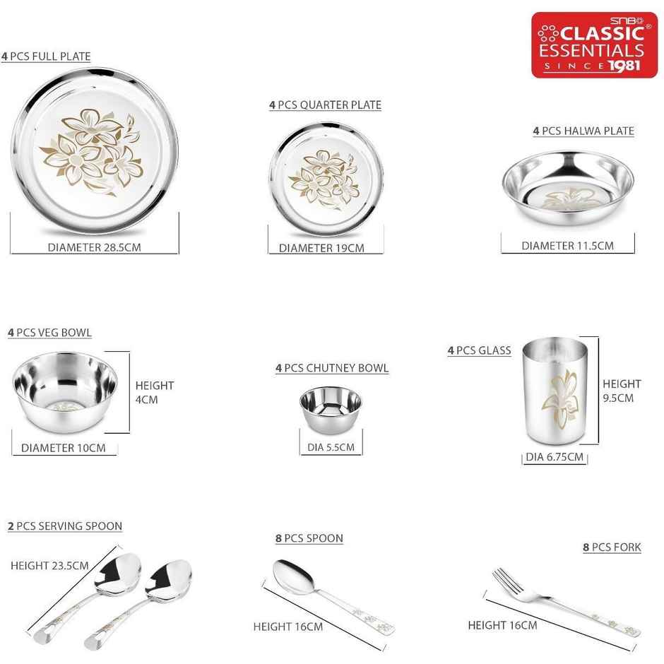 Classic Essentials Heavy Gauge Stainless Steel Permanent Laser Design Glory 42 Pieces Dinner Set