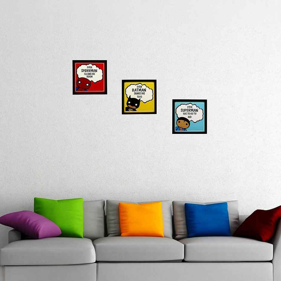 Indianara 3 pc Set of Framed Wall Hanging Kids Room Decor Spiderman Batman Superman Art Prints