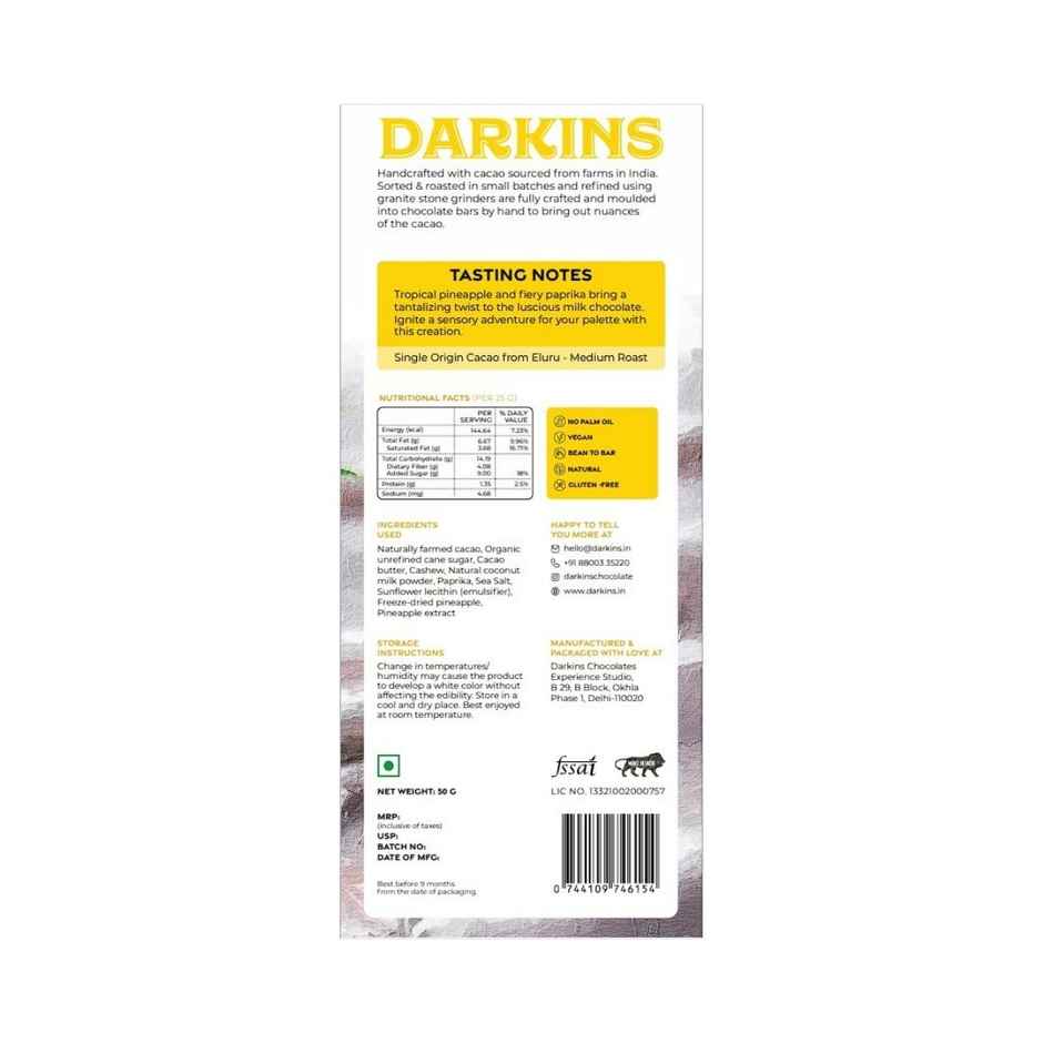 Darkins Indian Artisanal Pineapple Paprika Chocolate - Vegan Mylk