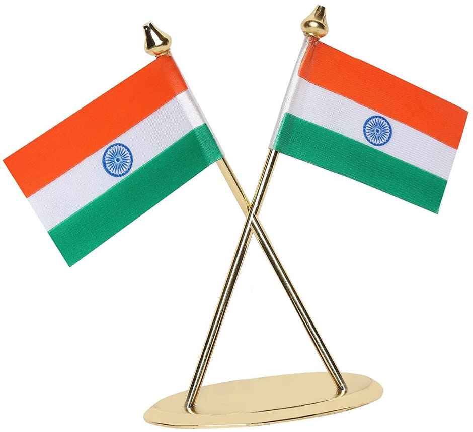 Voila Premium Brass Round Base Indian Flag For Car Dashboard | Interior Desk Decoration