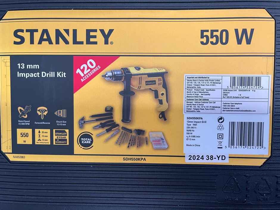 STANLEY SDH550KPA-IN 550W 13mm Corded Single Speed Hammer Drill Machine and Hand Tool Kit - 120 Pcs.