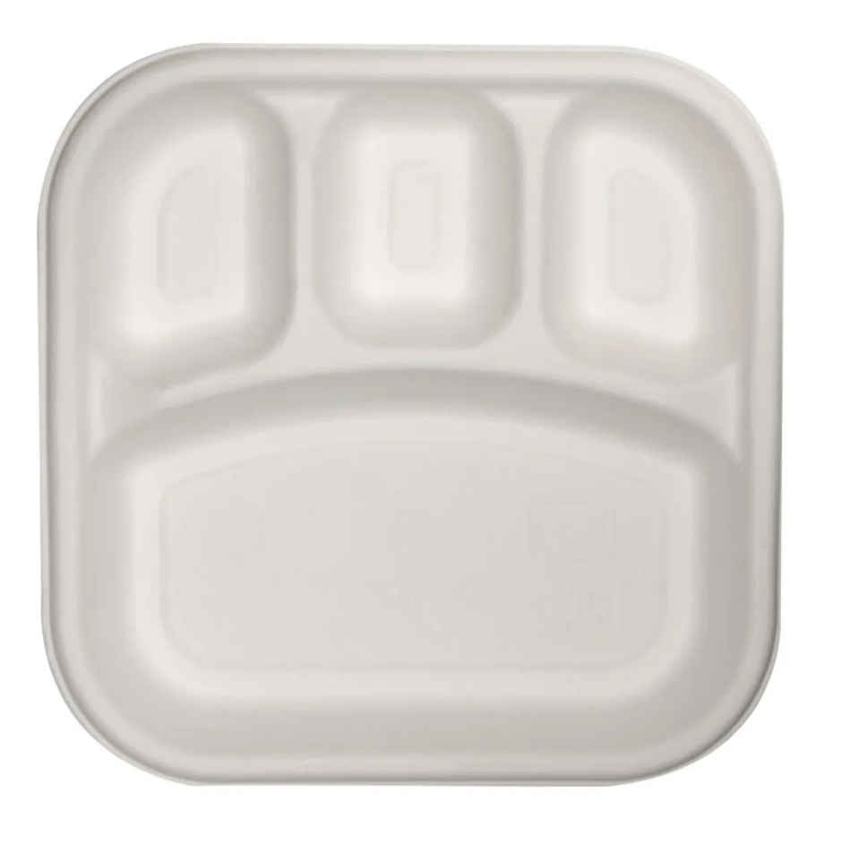 Bagasse Disposable Square Plate | 4 Compartment | 9 inch | Naturepac