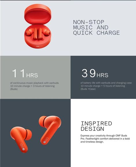 CMF BY NOTHING In Ear TWS Earbuds Buds Pro Noise Cancelling/Bluetooth/Up To 39 Hours Of Usage, Dedicated App Compatible, Lightweight, Out-Of-Sound Capture - Orange