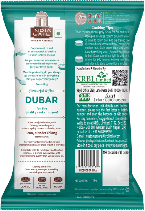 India Gate Flavourful and Fine Dubar Basmati Rice | Long and Slender Grains | Naturally Aged