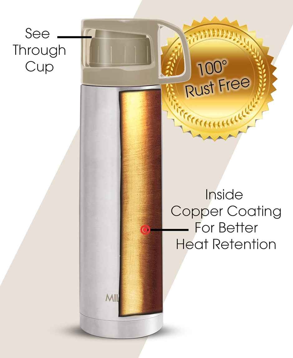 Milton Glassy 750 Thermosteel 24 Hours Hot And Cold Water Bottle With Drinking Cup Lid 750 ml, Grey