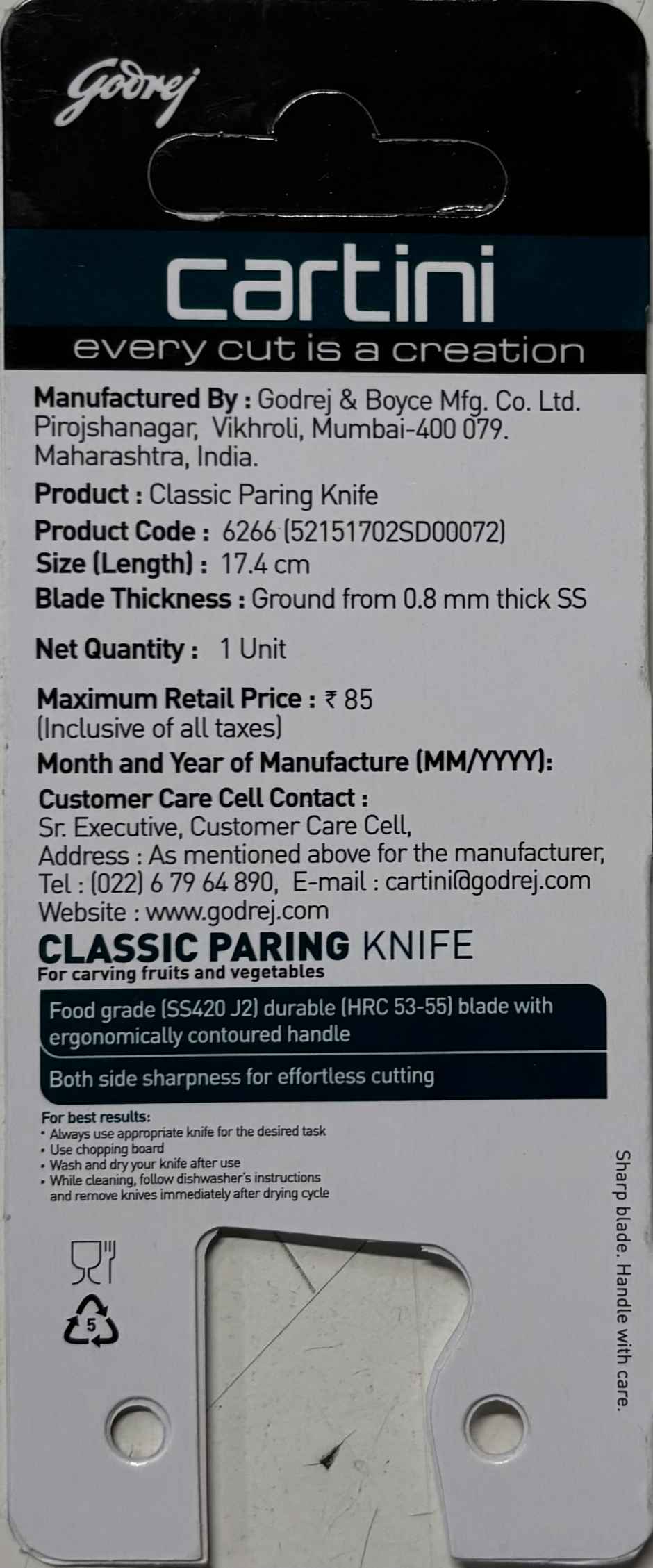 Godrej Cartini Classic Paring Knife (Colour May Vary)