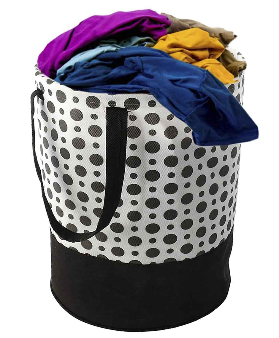 Kuber Industries Non-Woven 45 L Polka Dots Round Laundry Basket with Handle | White
