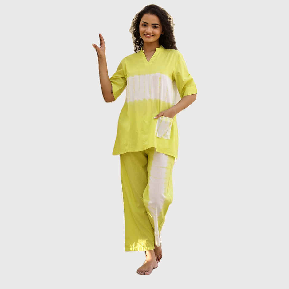Sanskrutihomes Yellow Tie and Dyed Pure Cotton Night Suit | L