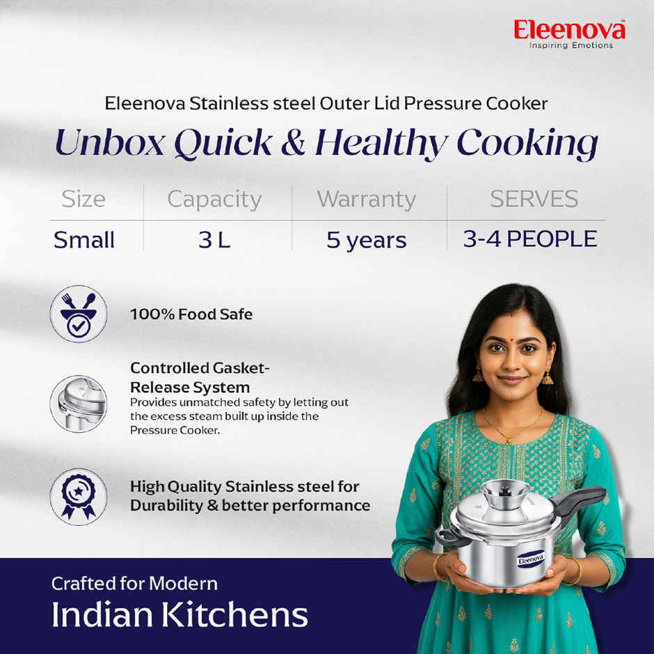 Eleenova Legacy Anti Spill Stainless steel Outer Lid Pressure Cooker with Spill Bowl | 3 L