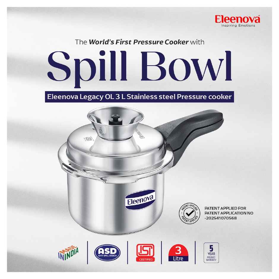 Eleenova Legacy Anti Spill Stainless steel Outer Lid Pressure Cooker with Spill Bowl | 3 L