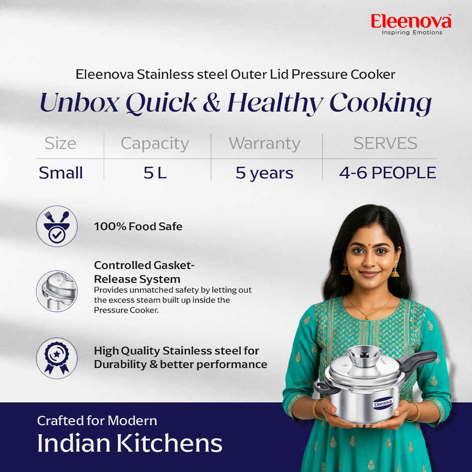 Eleenova Legacy Anti Spill Stainless steel Outer Lid Pressure Cooker with Spill Bowl | 5 L