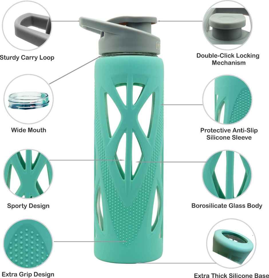 Tintbox Borosilicate Glass Water Bottle with Silicone Sleeve | Cool Green | 750 ml