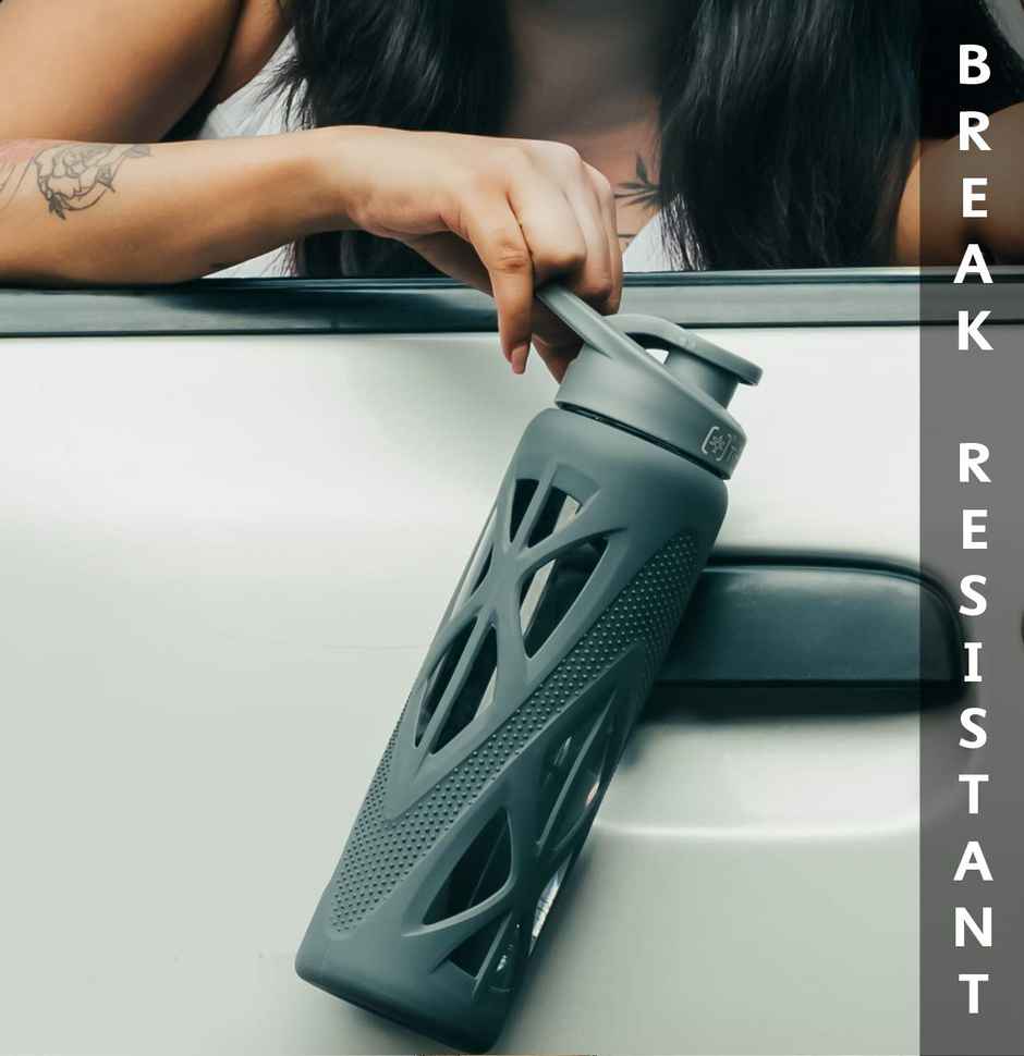 Tintbox Borosilicate Glass Water Bottle with Silicone Sleeve | Lightning Grey | 750 ml