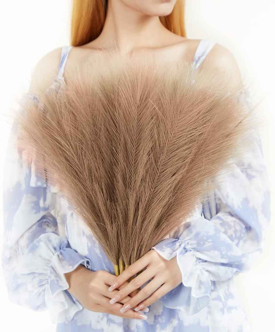 Artificial Flowers Small Fake Flower Faux Pampas Fluffy | Light Brown | Fabric | 41cm | Satyam Kraft