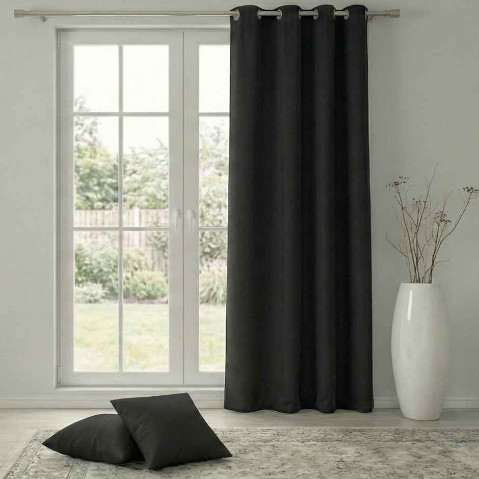 Home Sizzler Insulated Sheild Blackout Grommet Polyester Curtain 7 Feet Black