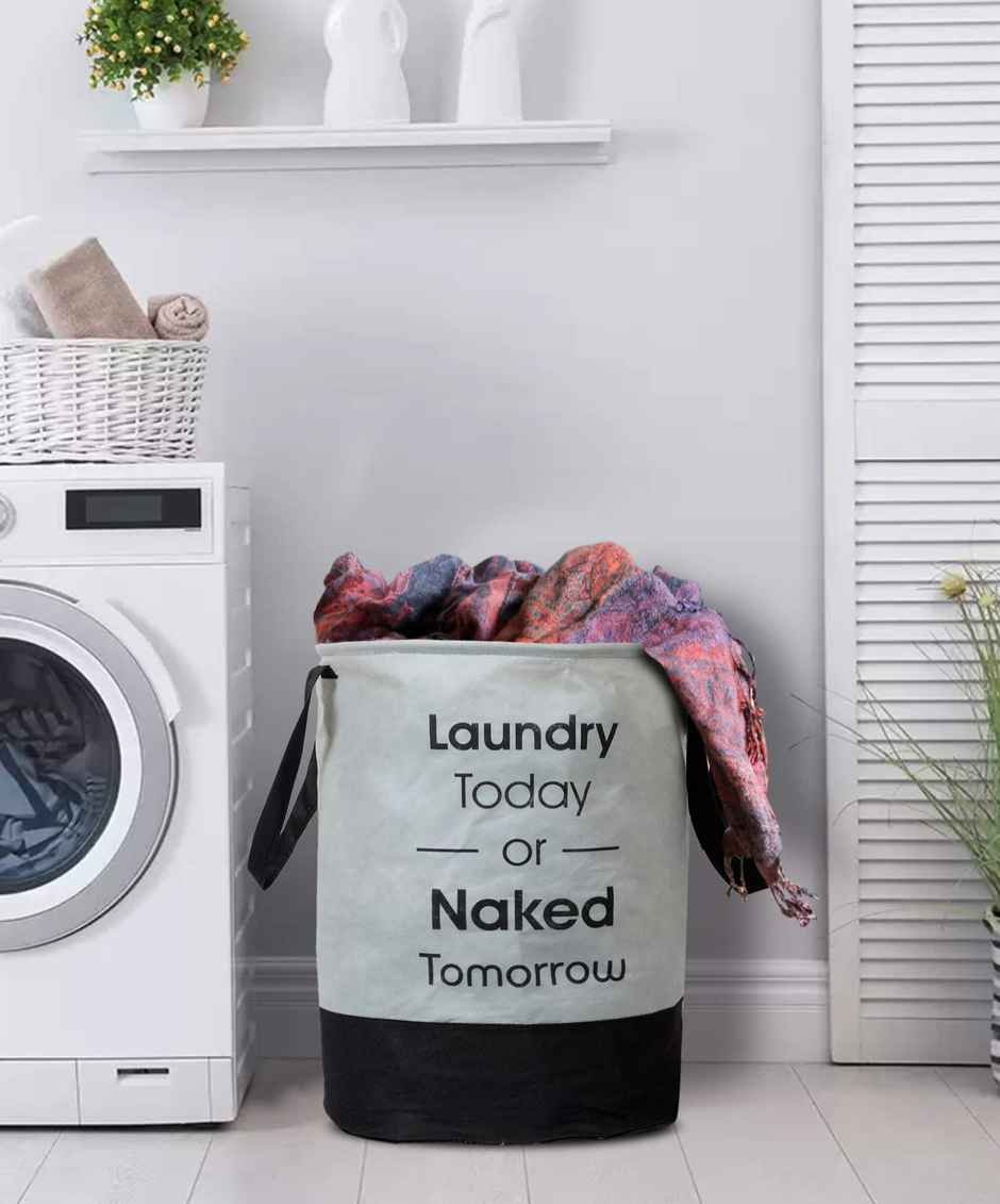 Kuber Industries 45 Liter Waterproof Round Non Wovan Laundry Bag/Hamper With Handles | Grey & Black