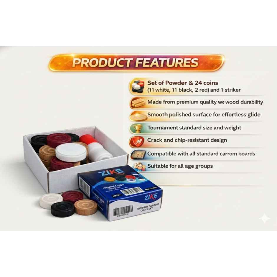 Zike Carrom Coin, Striker, Powder (24 Coins - 1 Striker - 1 Powder)