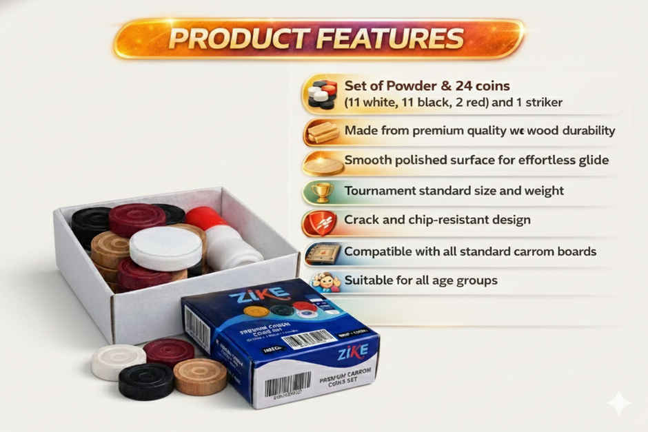 Zike Carrom Coin, Striker, Powder (24 Coins - 1 Striker - 1 Powder)