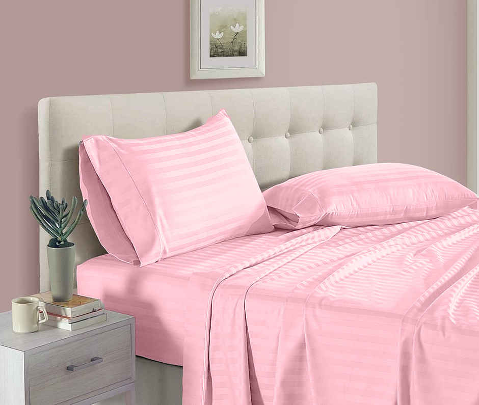 BAY6 100% Cotton 210 TC Satin Stripe Super King Bedsheet - 108 in x 108 in, Baby Pink