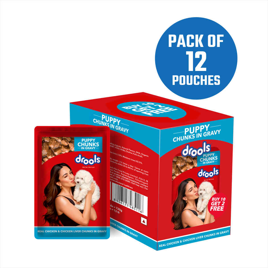 Drools Puppy Wet Dog Food Chicken And Chicken Liver Chunks In Gravy (10 + 2 Pouches Free)