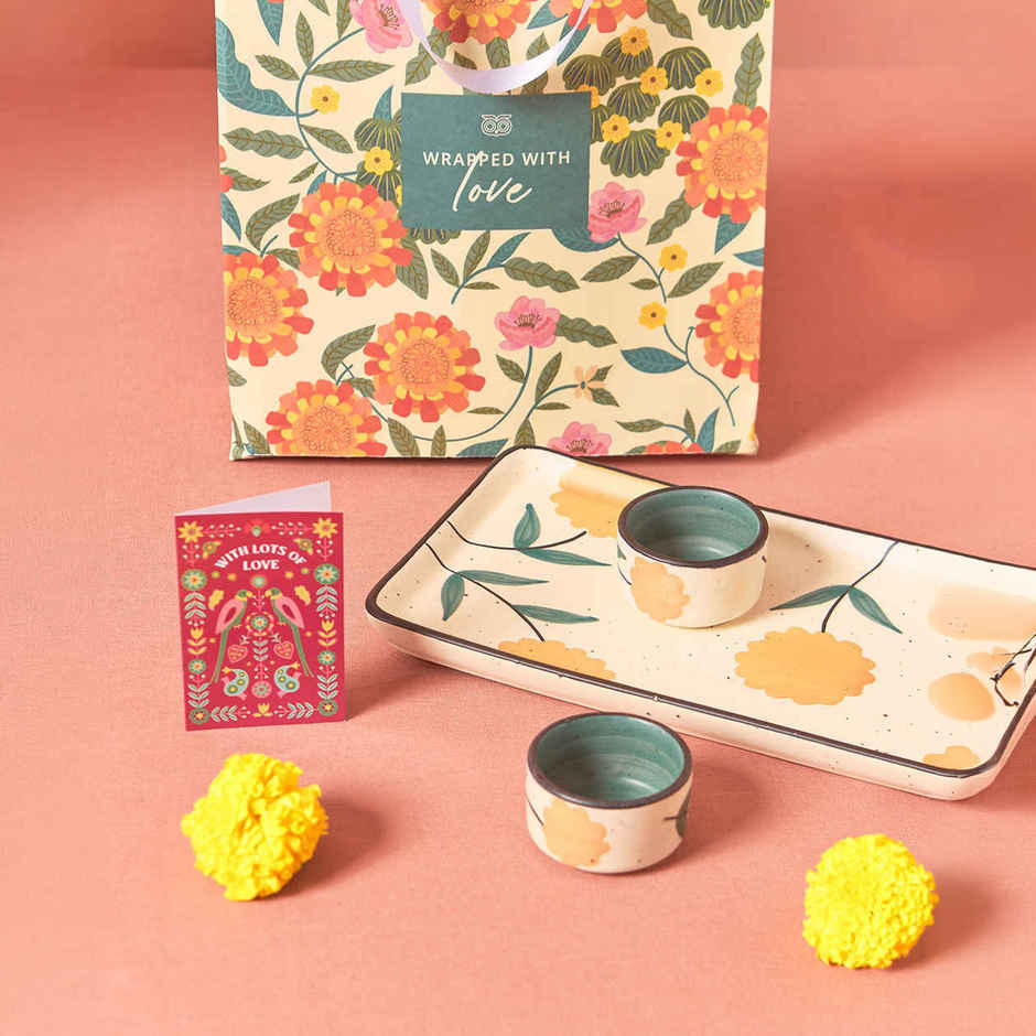 Chumbak Ceramic Marigold Chip & Dip Platter | Multicolour | Brown Box - 300 ml