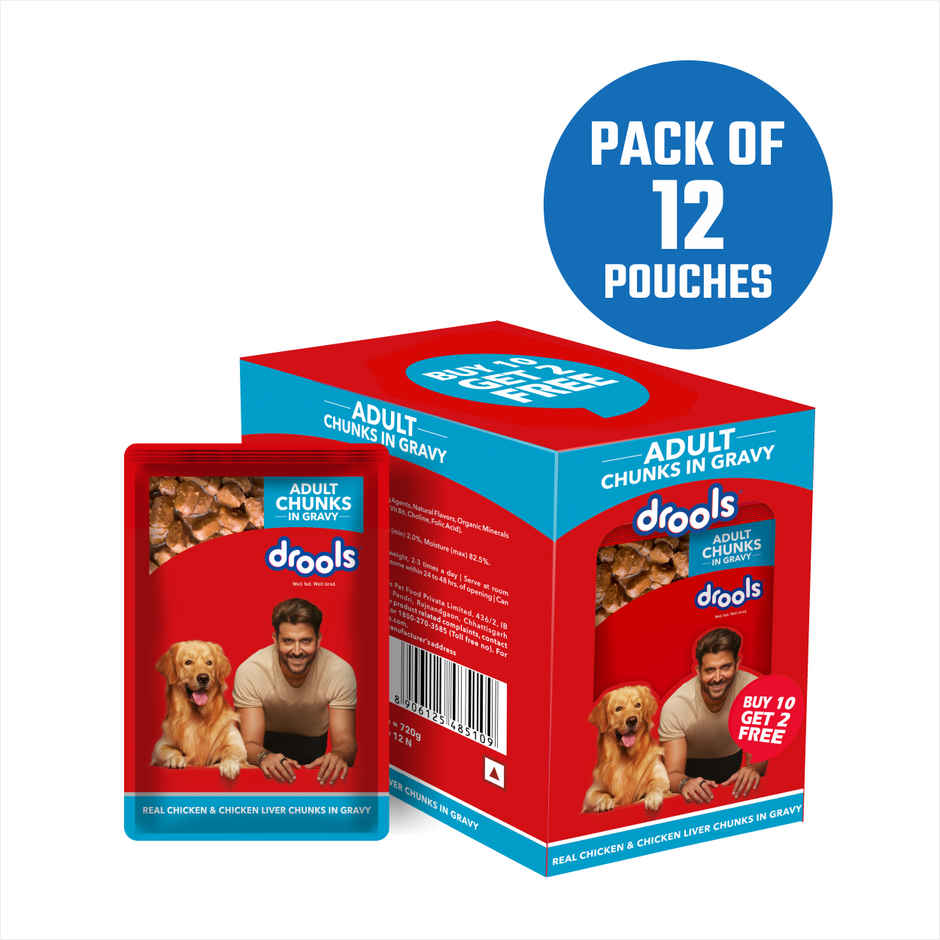 Drools Adult Wet Dog Food Chicken And Chicken Liver Chunks In Gravy (10 + 2 Pouches Free)