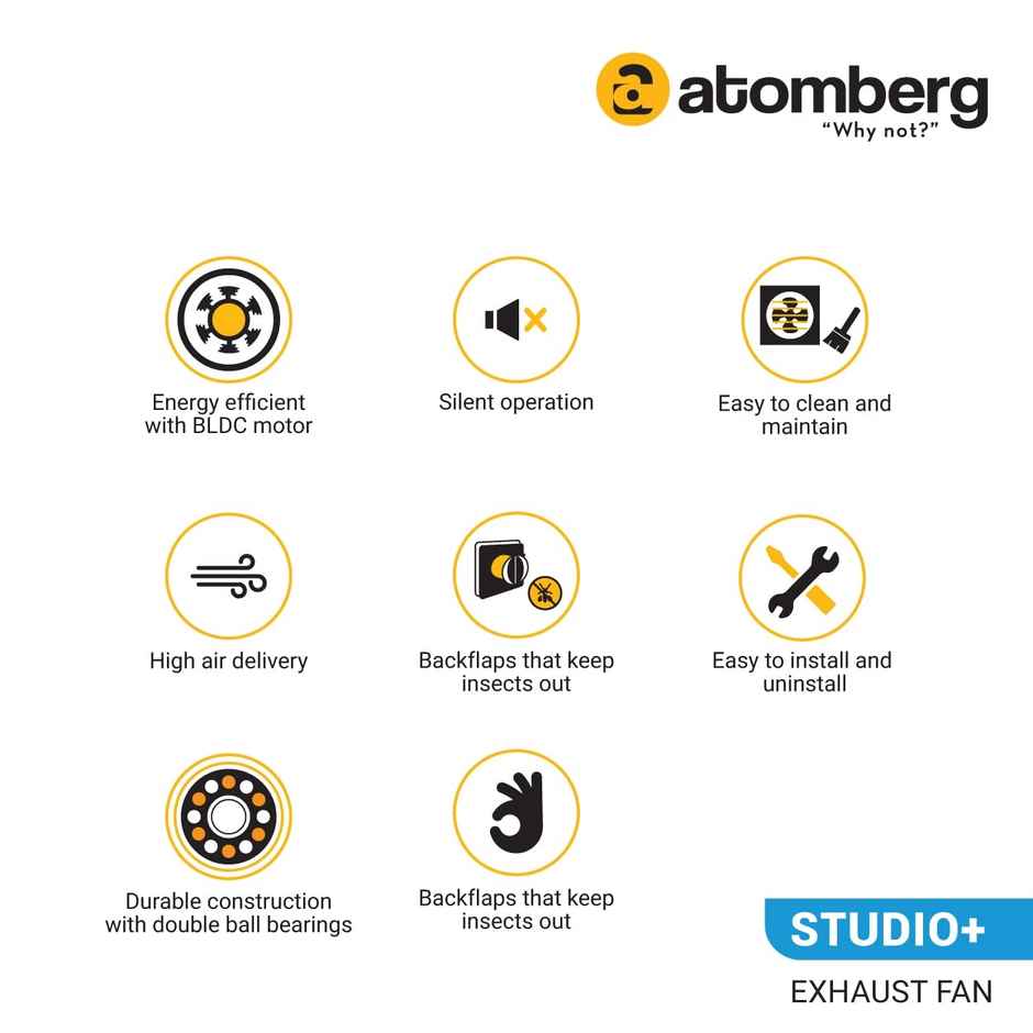 Atomberg Studio+ BLDC Exhaust Fan, 150mm with Motor, Easy to Clean, White