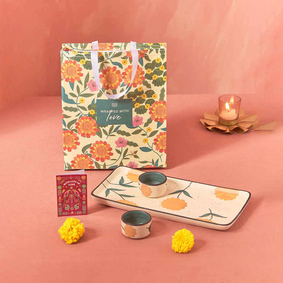 Chumbak Ceramic Marigold Chip & Dip Platter | Multicolour | Brown Box - 300 ml