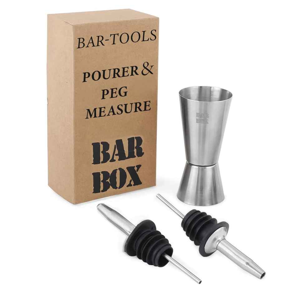 Bar Box Double Side Stainless Steel Peg Measure Bar Tool Jigger With Bottle Pourer | 3 pcs Set