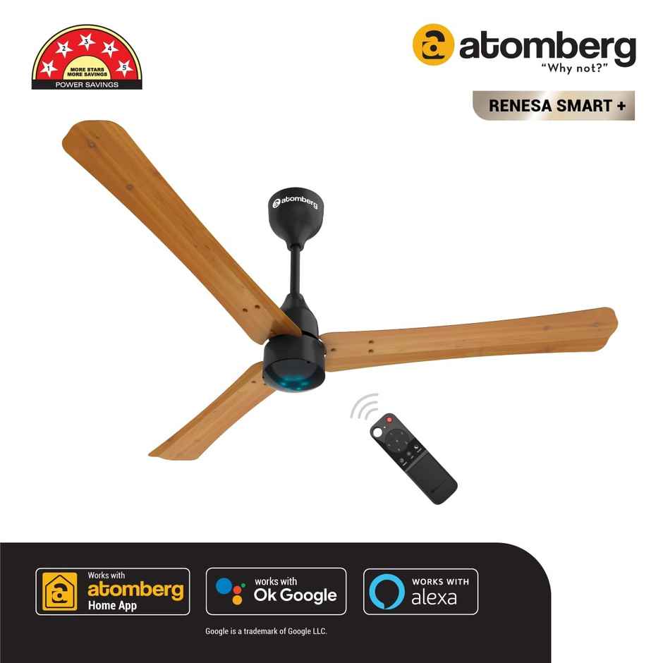 Atomberg Renesa Smart + BLDC Ceiling Fan, 1200mm, 28W, Remote Control, Energy Saving, Oak Wood