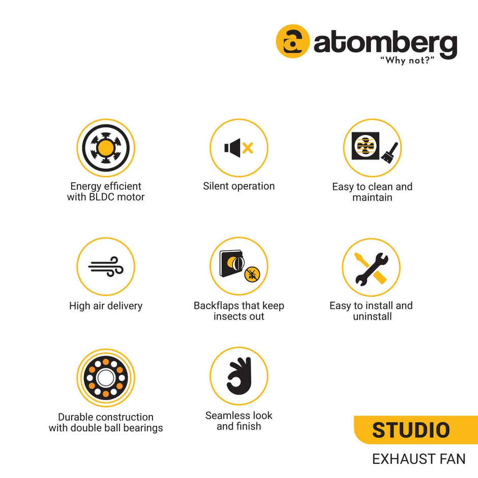 Atomberg Studio BLDC Exhaust Fan, 150mm/6 Inch, Double Ball Bearings, White