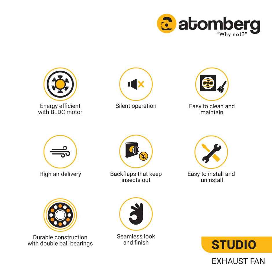 Atomberg Studio BLDC Exhaust Fan, 150mm/6 Inch, Double Ball Bearings, White